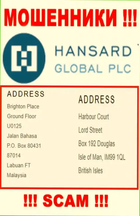 Добраться до организации Hansard Com, чтоб вернуть свои средства нельзя, они расположены в офшоре: Harbour Court, Lord Street, Box 192, Douglas, Isle of Man IM99 1QL, British Isles