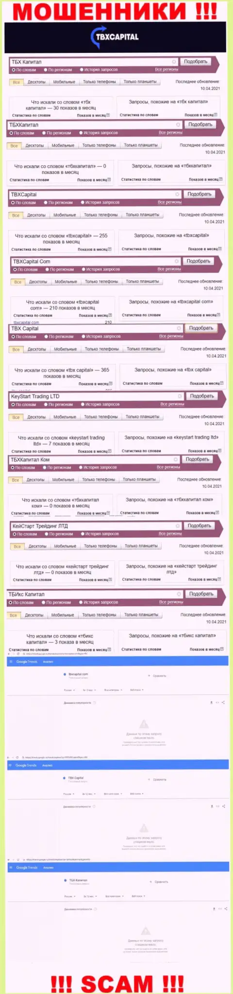 Детальная информация по количеству запросов по обманщикам ТБХКапитал в сети интернет