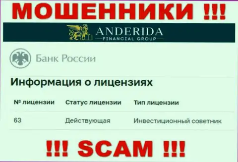 Anderida Group утверждают, что имеют лицензию на осуществление деятельности от Центрального Банка РФ (данные с сайта лохотронщиков)