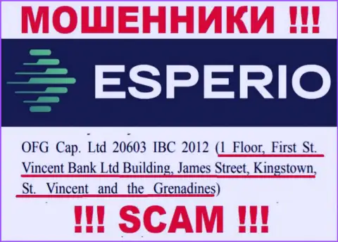 Неправомерно действующая организация Esperio зарегистрирована в офшоре по адресу: 1 Floor, First St. Vincent Bank Ltd Building, James Street, Kingstown, St. Vincent and the Grenadines, будьте осторожны