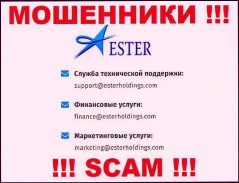 В разделе контактные данные, на официальном информационном сервисе мошенников Ester Holdings, найден был представленный адрес электронного ящика