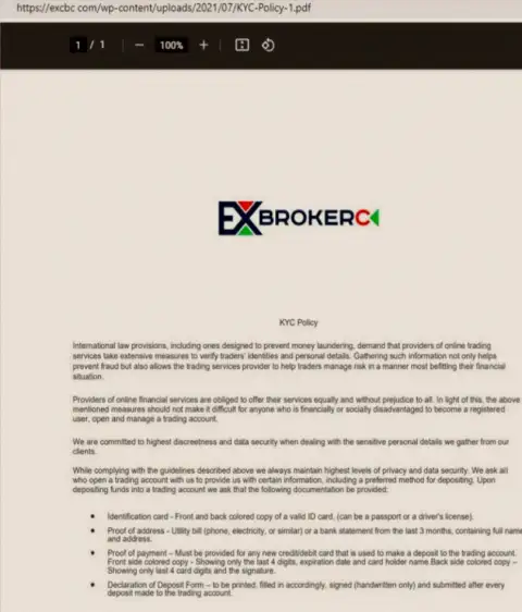 Политика KYC forex дилингового центра EXCHANGEBC Ltd Inc