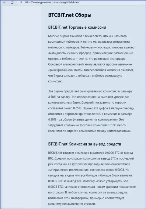 Публикация с анализом комиссий криптовалютной интернет-обменки БТЦ Бит, опубликованная на портале CryptoWisser Com