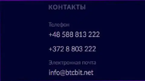 Номера телефонов и адрес электронной почты онлайн обменки BTC Bit