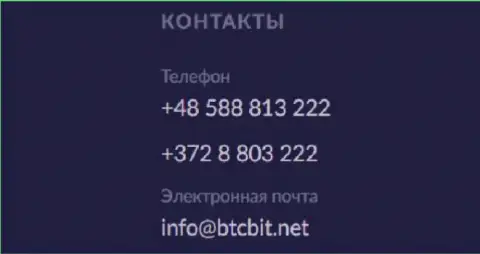 Телефон и электронка обменника BTC Bit